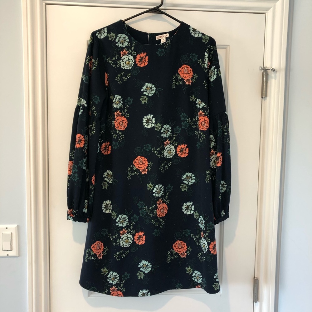 Merona Navy Blue Floral Long Sleeve Shift Dress